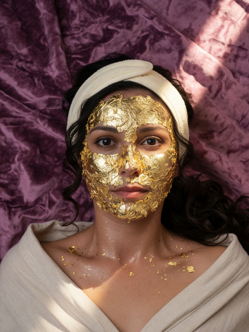 A client wearing a gold-leaf facial mask, looking at the camera against a plum velvet backdrop.